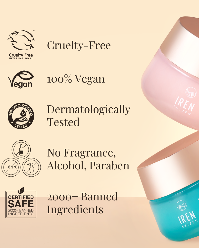 Two MOISTURE SANDWICH Skincare Kit jars by IREN Shizen emphasize serum absorption, hydration, and a strong moisture barrier. Cruelty-free, vegan, dermatologist-tested, free from fragrance/alcohol/parabens/2000+ banned ingredients. Certification icons shown.