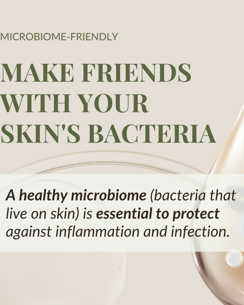 A graphic for IREN Shizen BLOOM OF YOUTH Restoring Facial Oil shows how prebiotics and postbiotics help protect the skin microbiome and barrier, guarding against inflammation and infection. Design features two droplets with microbial imagery.