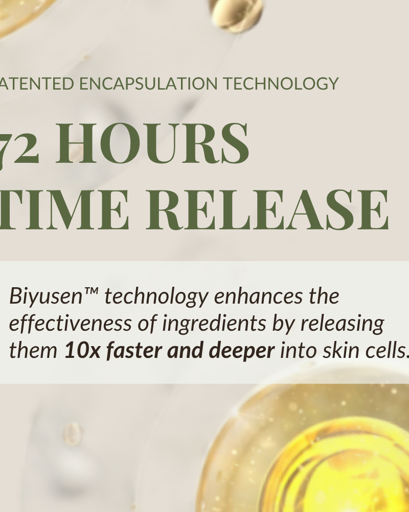 Text graphic for QUENCH-UP Hydrating Serum by IREN Shizen: Delivers 72-hour hydration with patented encapsulation. Hyaluronic acid plumps skin; Biyusen technology releases ingredients 10x faster & deeper for intense results.