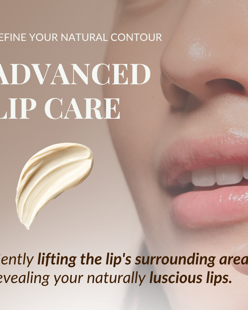 Close-up of a woman's smooth lower face and lips, with text on advanced care and a cream smear, highlighting how IREN Shizen TIMELESS ELIXIR Multi-Lift Eye and Lip Cream reduces dark circles for a rejuvenated look. #show-lang-en