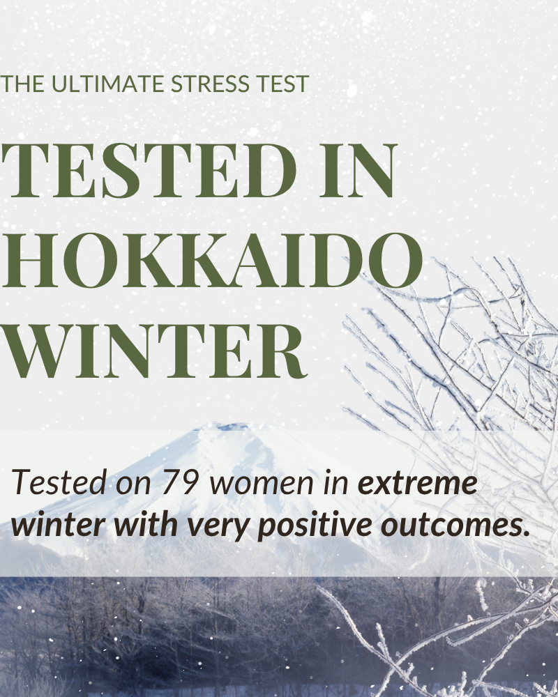 A snowy landscape and bare branches before a mountain; text: "Tested in Hokkaido winter. IREN Shizen FLOWERS IN BLOOM Antioxidant Water Cream was trialed on 79 women in extreme cold with very positive results.