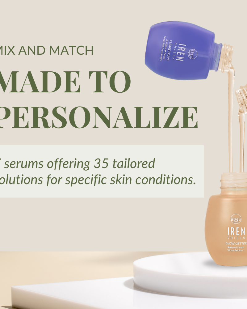 Two serum bottles pour liquid into a third, highlighting IREN Shizen’s QUENCH-UP Hydrating Serum—formulated with hyaluronic acid—for personalized skincare that deeply hydrates and plumps your skin.