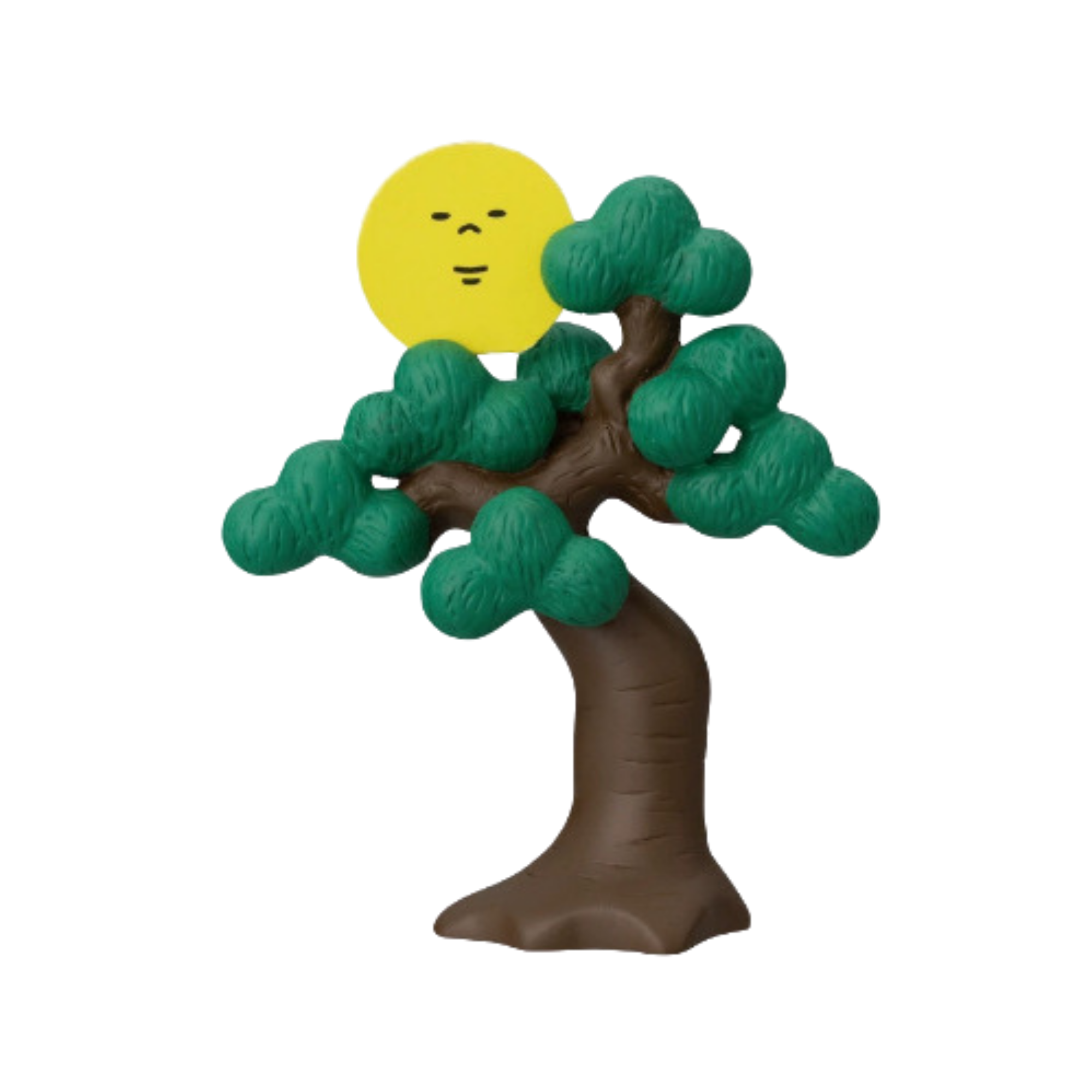 A stylized tree with green leaves and a brown trunk stands before a yellow sun with a simple, smiling face, accompanied by IREN Shizen's FREE GIFT Biyu Neko Blind Box collectible cat figurines.