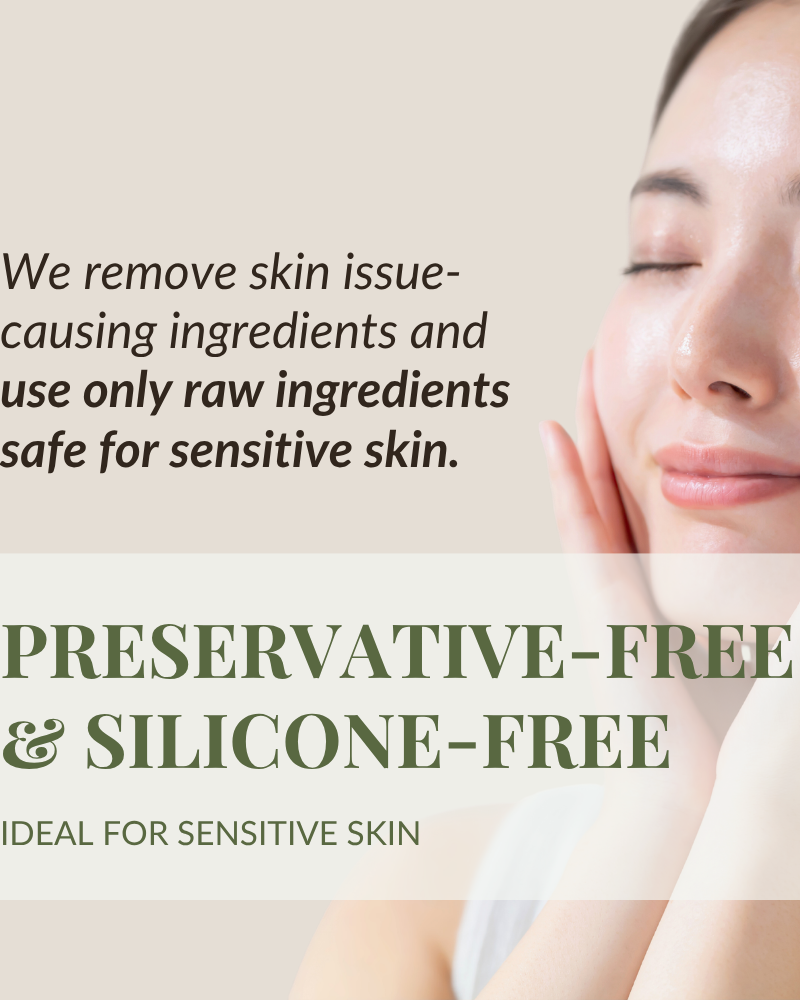 A woman with clear skin touches her face beside text for IREN Shizen FLOWERS IN BLOOM Antioxidant Water Cream—natural origin, preservative-free, silicone-free, and perfect for sensitive skin.