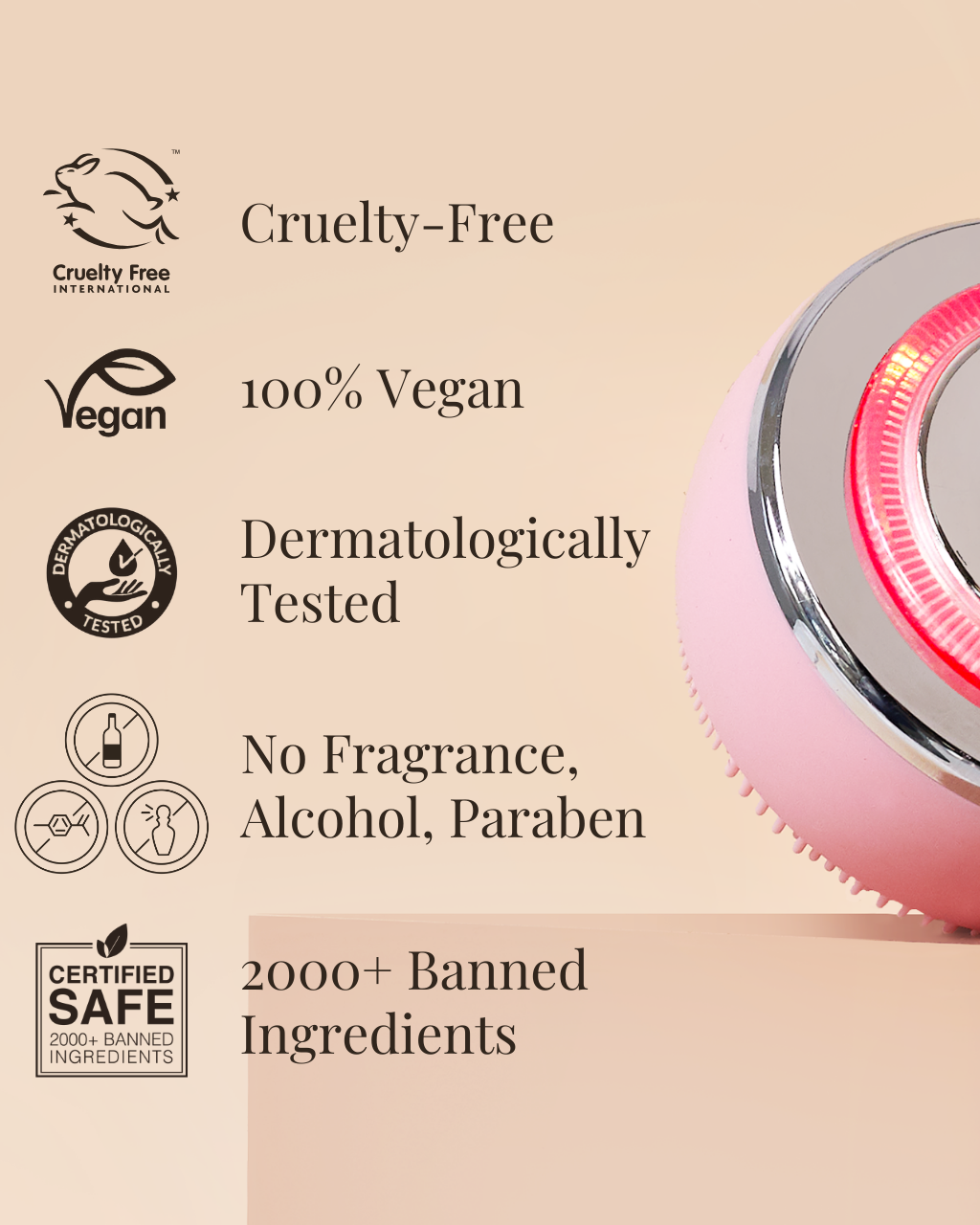 The GLOW ON THE GO Travel Light Kit by IREN Shizen is a pink cleansing device with a red LED ring, featuring cruelty-free, vegan, dermatologist-tested care—no fragrance, alcohol, or parabens, and 2000+ ingredients banned. Ideal for your skincare travel kit. #show-lang-en #all-groups