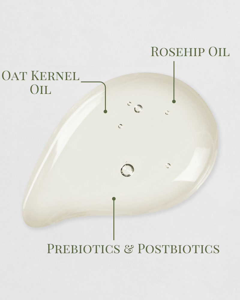 Iren Shizen's BLOOM OF YOUTH Restoring Facial Oil features oat kernel oil, rosehip oil, and prebiotics & postbiotics in a clear, lightweight formula to support a healthy skin barrier.