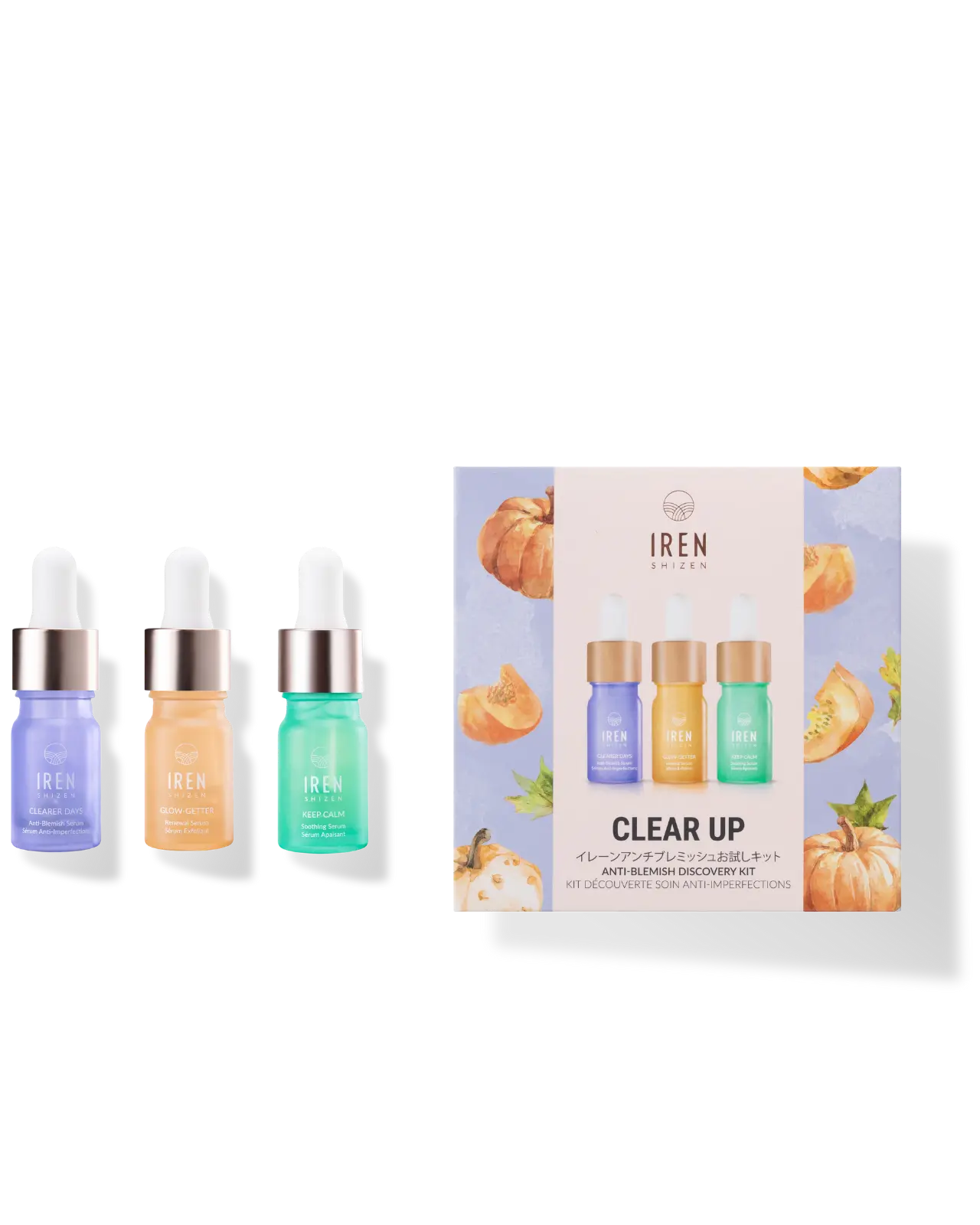 Three bottles of Japanese CLEAR UP Anti-Blemish Discovery Kit by IREN Shizen in a customised skincare box.