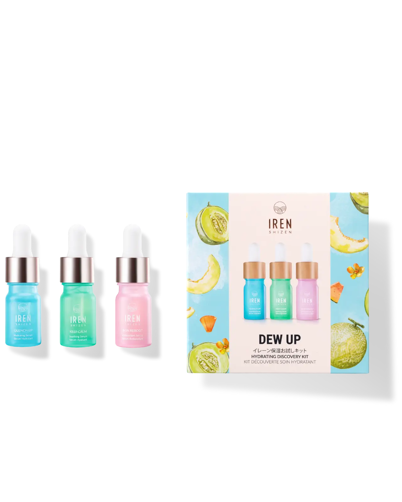 A Japanese skincare discovery kit featuring DEW UP Hydrating serum and a customized fruit bottle from IREN Shizen.