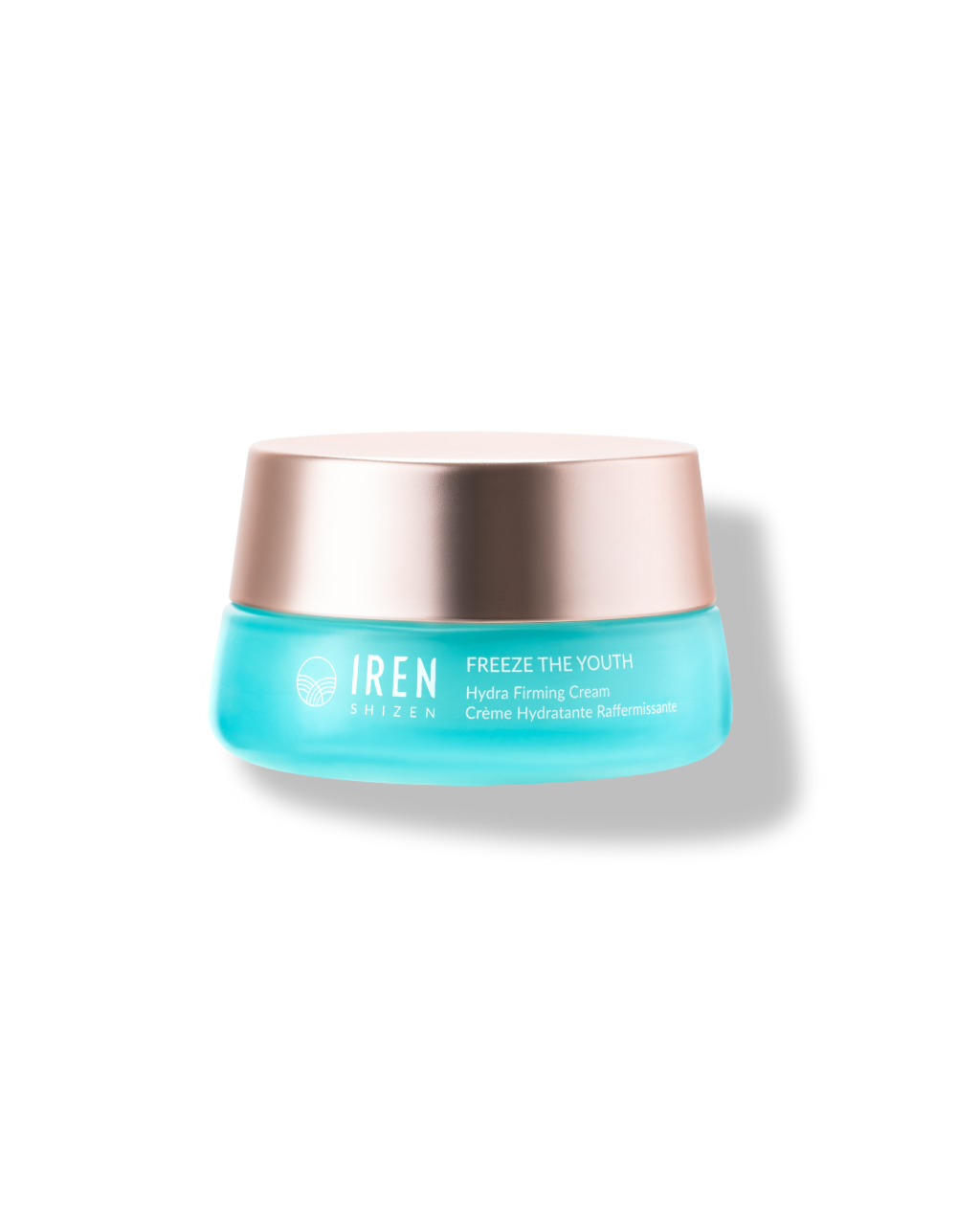 A jar of IREN Shizen "FREEZE THE YOUTH" hydra firming cream with vegan-collagen complex against a black background.