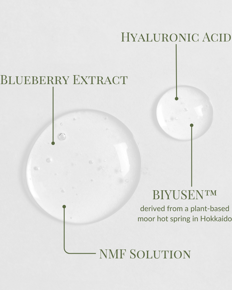 Clear gel droplets of QUENCH-UP Hydrating Serum by IREN Shizen on a white surface, featuring Blueberry Extract, Hyaluronic Acid, and BIYUSEN™ NMF Solution from Hokkaido moor hot spring for plump, hydrated skin.