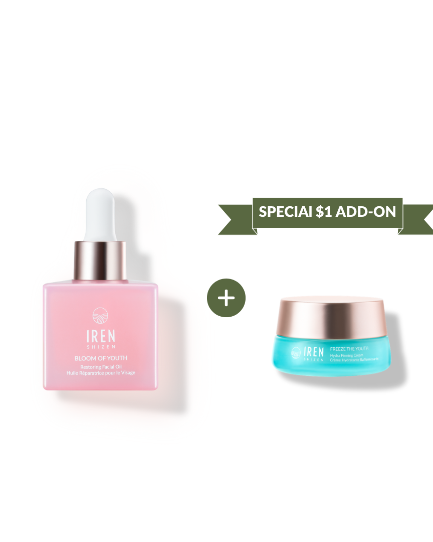 The TIME REBOUND Lift and Firm Kit featuring a pink facial oil with a dropper and a blue firming peptide cream jar separated by a plus sign, with a ribbon banner above the jar reading “SPECIAL $1 ADD-ON.”
