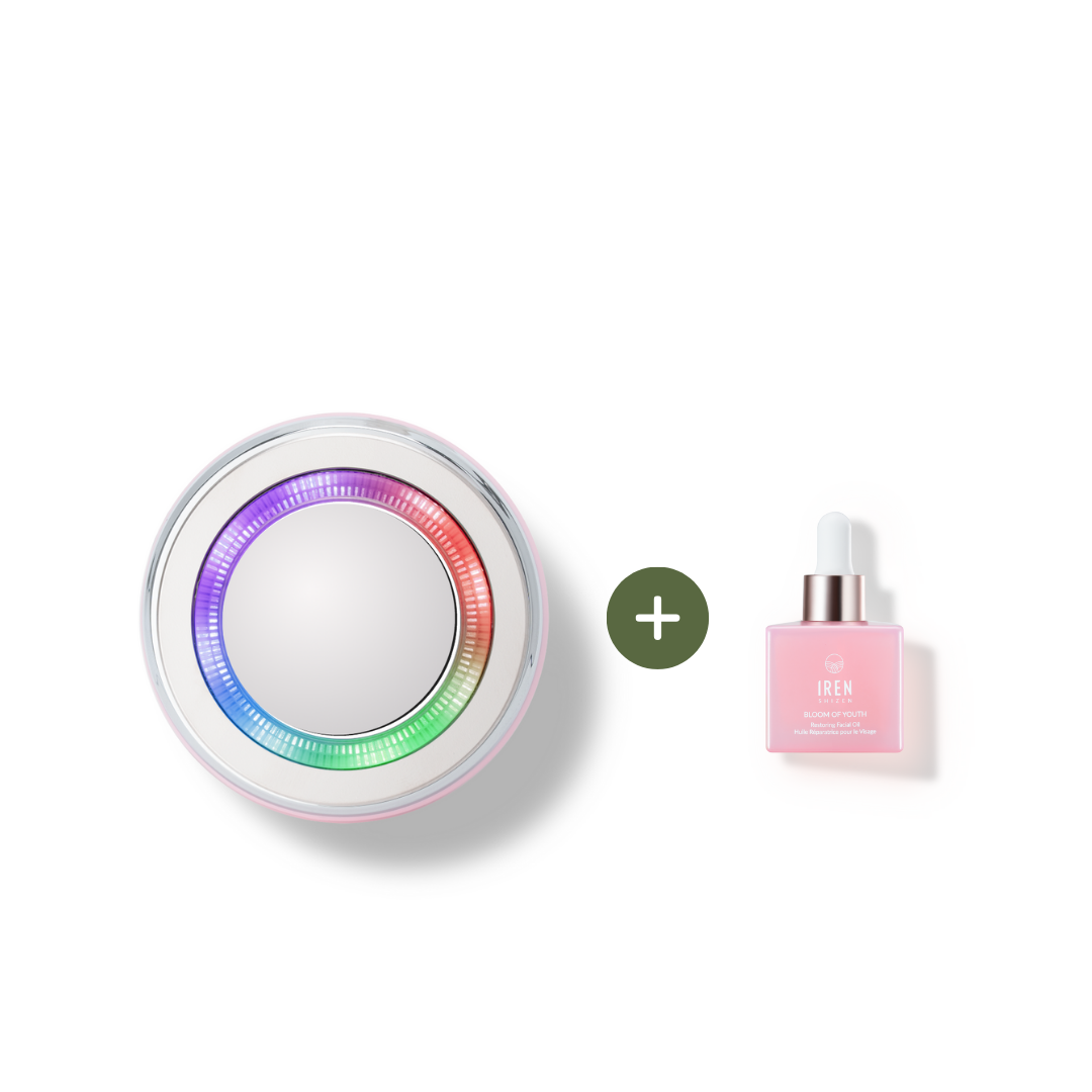 The Fast Bundle SKIN GENIE PRO Hydration Set, featuring the LED skincare device and pink IREN serum bottle, is shown side by side with a plus sign on a white background.