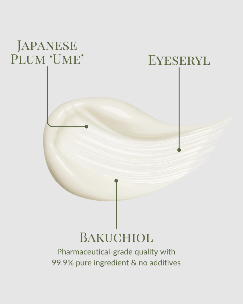 IREN Shizen's TIMELESS ELIXIR Multi-Lift Eye and Lip Cream blends Japanese Plum 'Ume', Eyeseryl, and pharmaceutical-grade Bakuchiol for a potent anti-aging formula—99.9% pure, additive-free, ideal for dark circles.