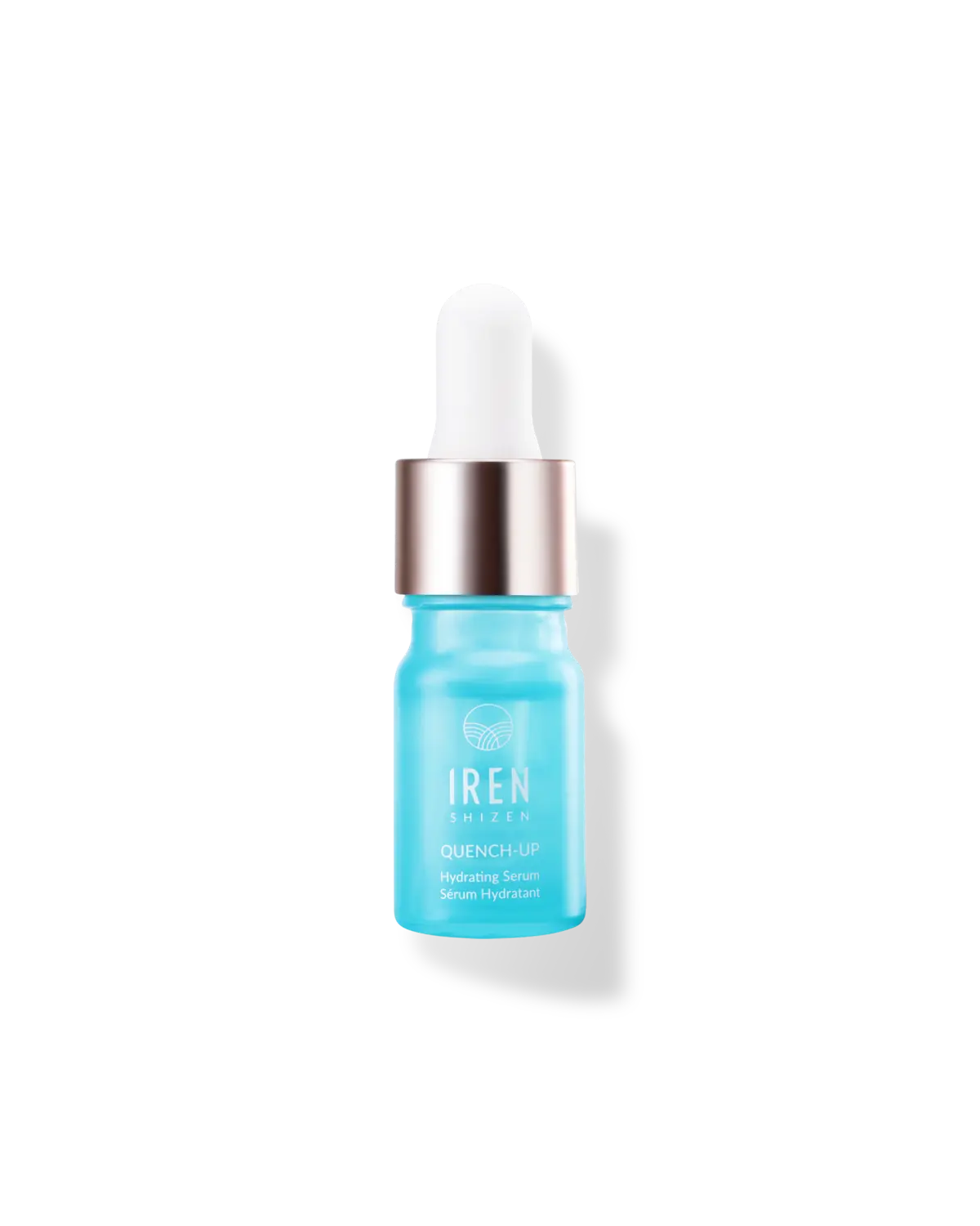 A QUENCH-UP Hydrating Serum from IREN Shizen, with a blue bottle and a white lid, on a black background.