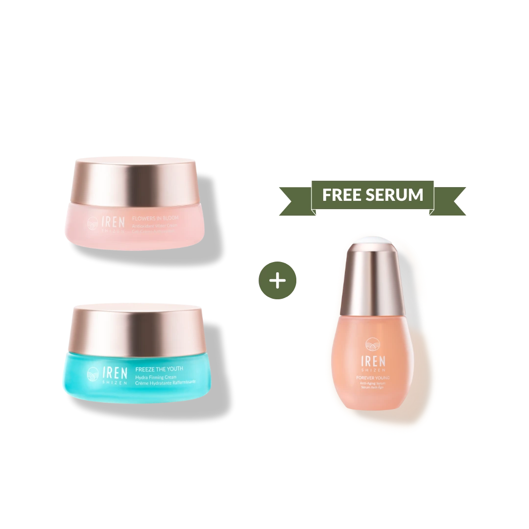 The MOISTURE SANDWICH Skincare Kit by IREN Shizen features two colorful jars and a pink "FREE SERUM" bottle on a white background—ideal for boosting hydration and enhancing serum absorption.  #show-lang-en #all-groups