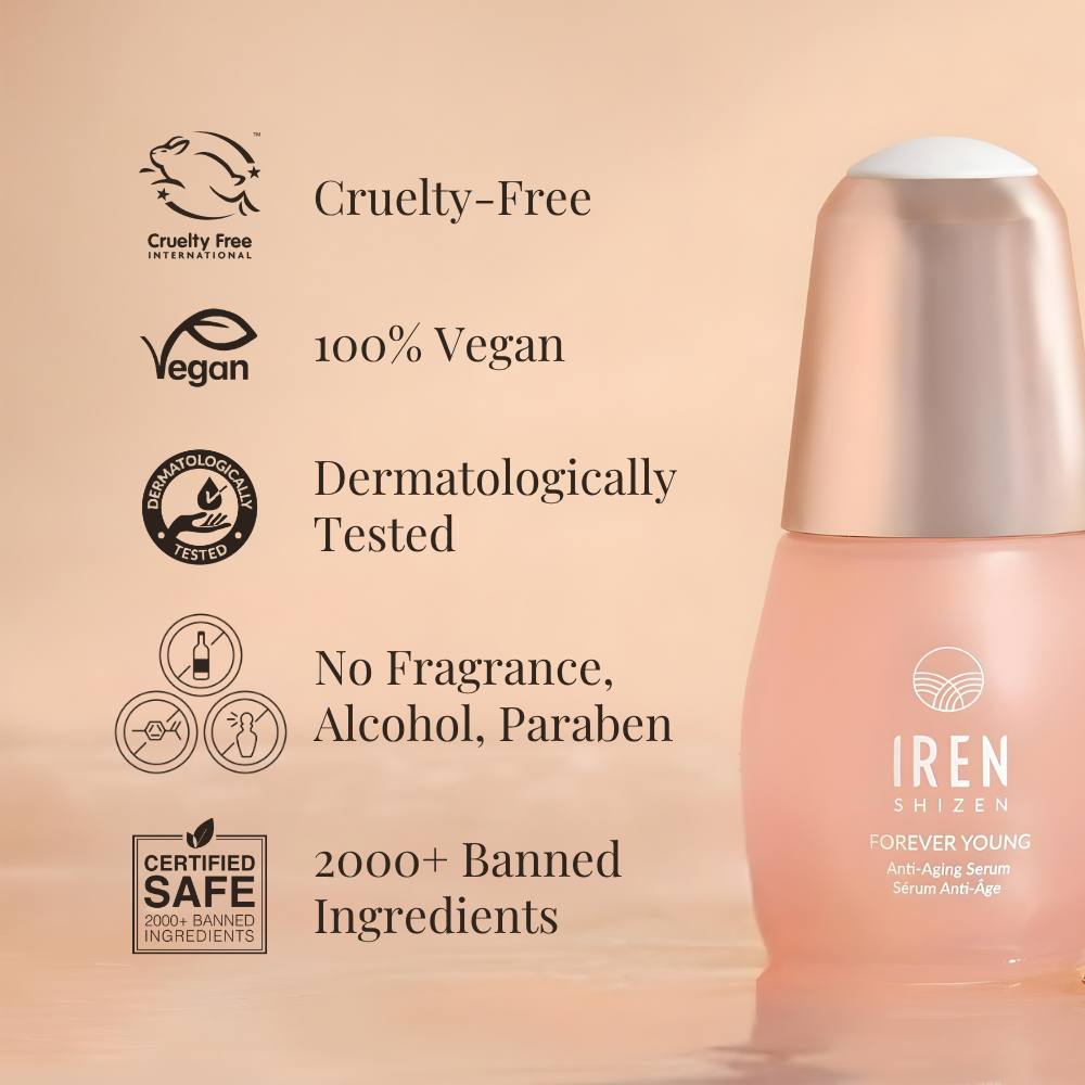 A bottle of IREN Shizen GLOW UP Anti-Aging Discovery Kit appears beside icons and text stating its benefits: cruelty-free, vegan, dermatologically tested, fragrance/alcohol/paraben free, and excludes 2000+ banned ingredients.