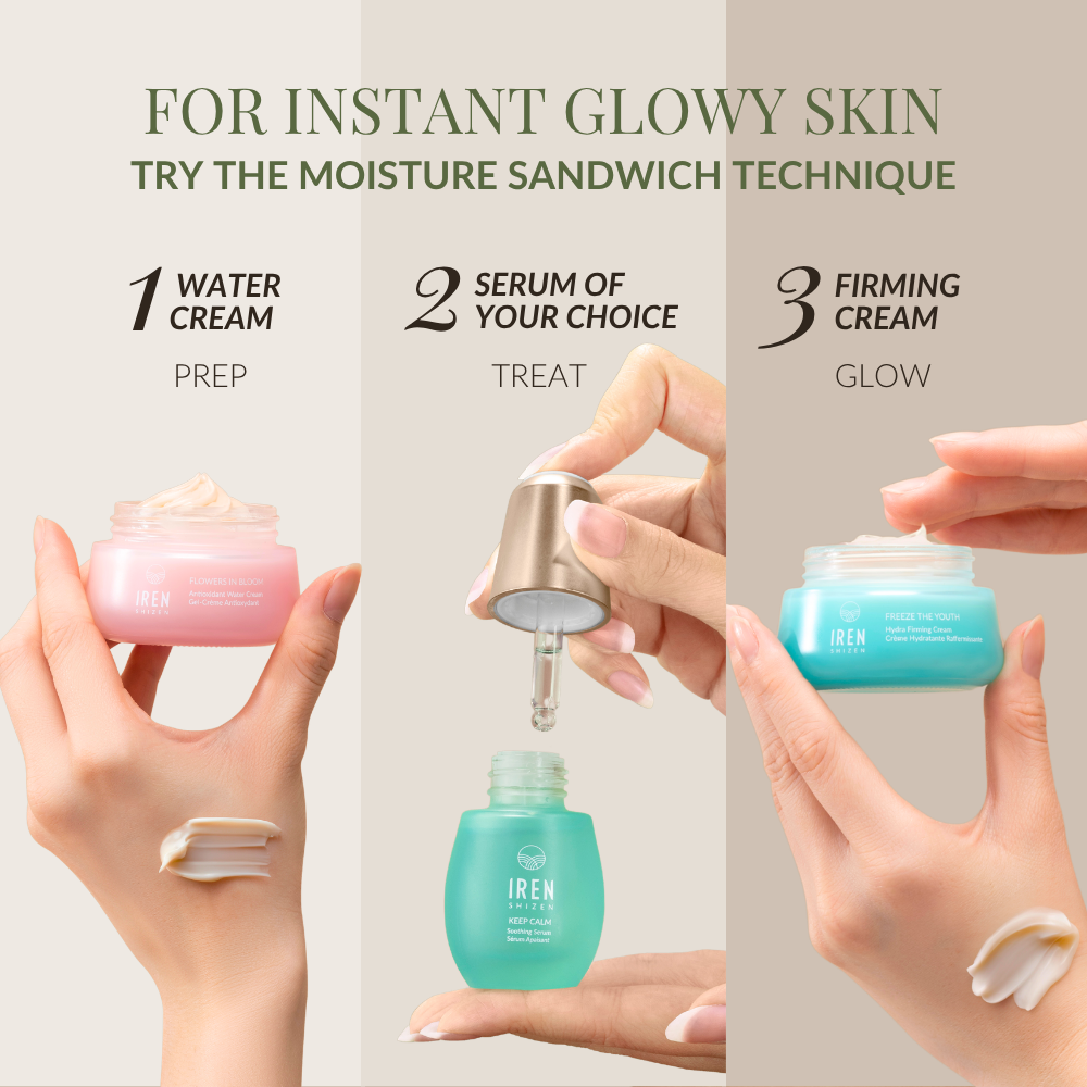 Achieve glowing skin with the IREN Shizen MOISTURE SANDWICH Skincare Kit: hydrate with water cream, layer serum, then seal with antioxidant cream. Each product is displayed on a hand with a swatch.