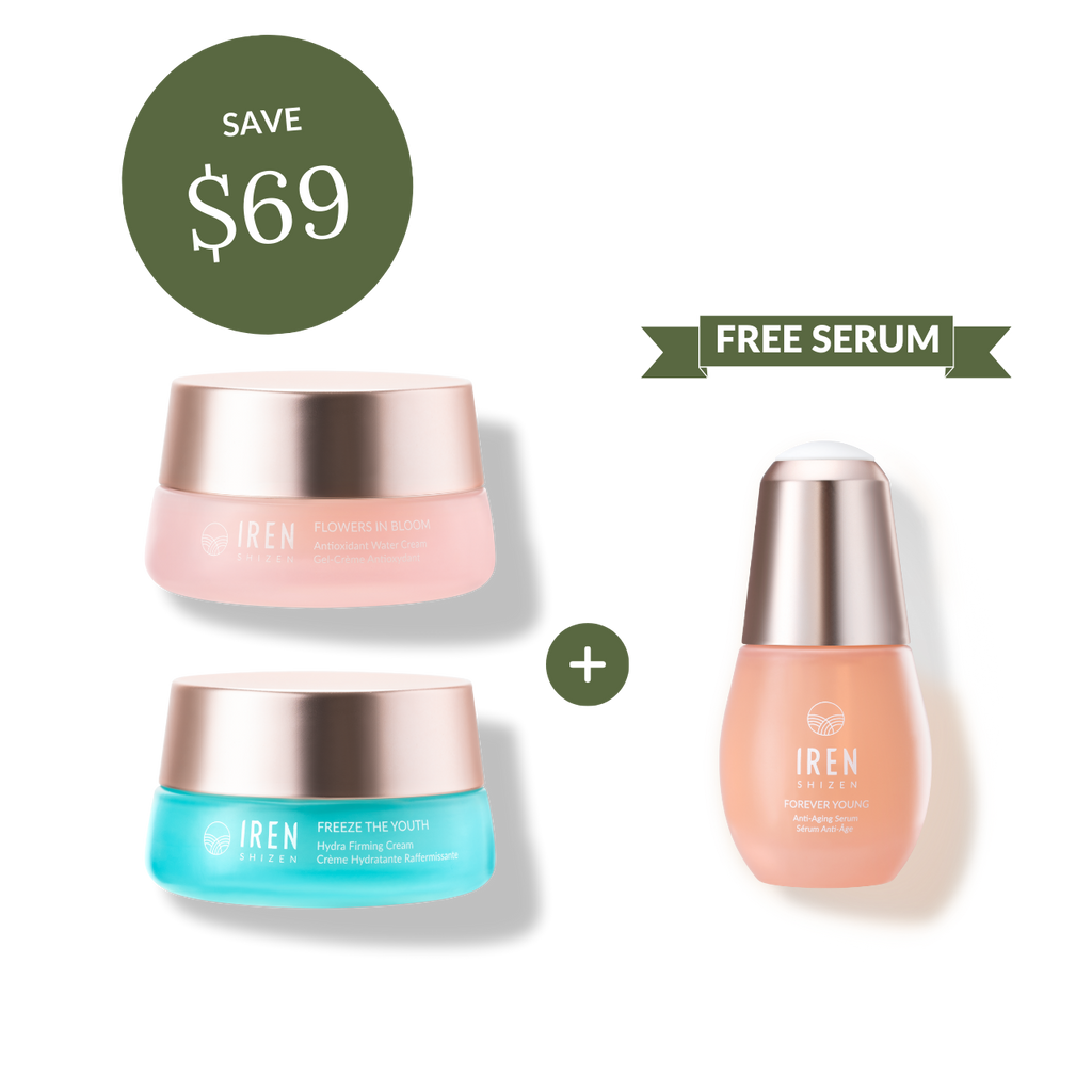 Promotional graphic for MOISTURE SANDWICH Skincare Kit featuring Hydra Firming Cream, Antioxidant Water Cream, and a serum with a savings offer from IREN Shizen.