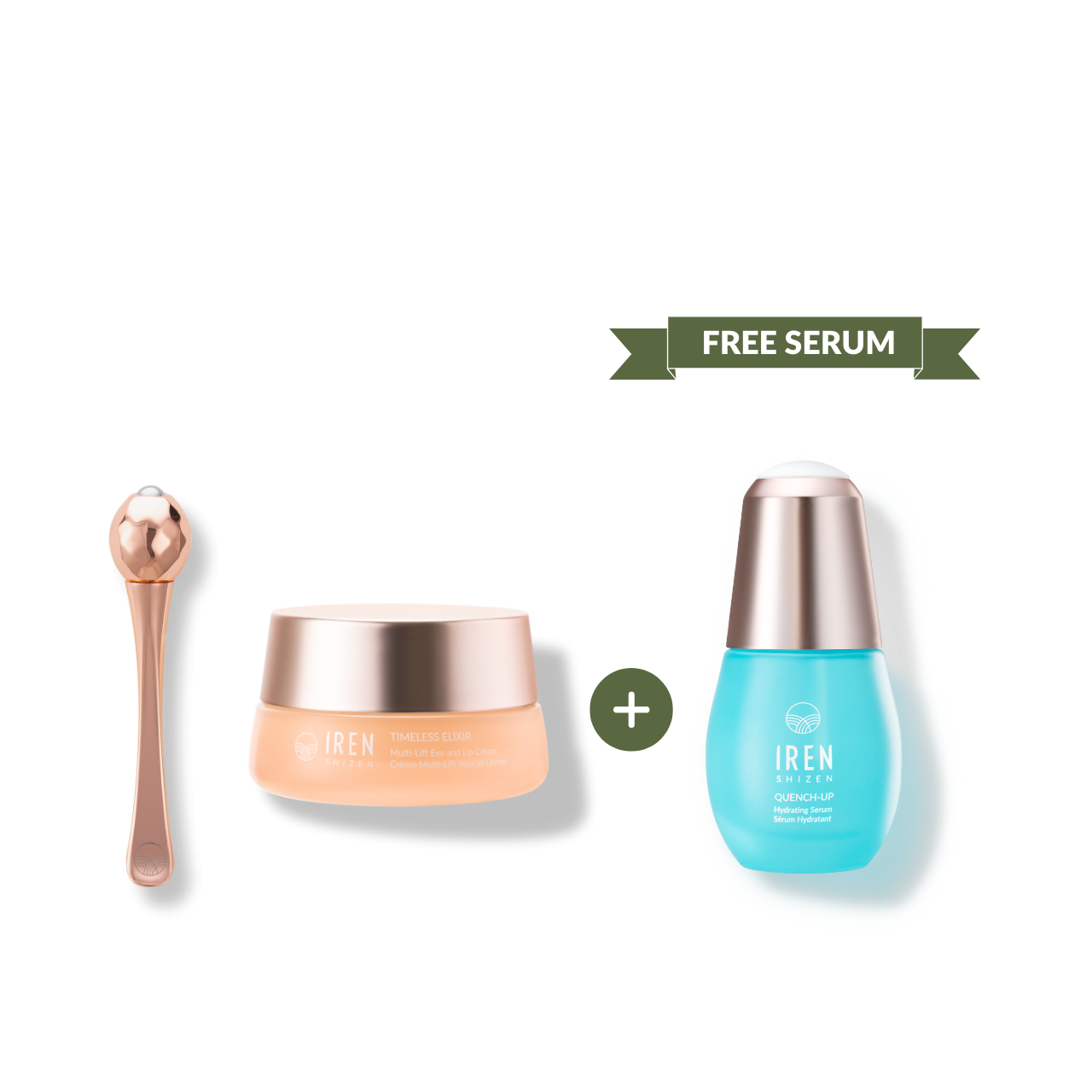 The TIMELESS ELIXIR Multi-Lift Eye and Lip Cream by IREN Shizen includes an anti-aging formula in a small jar with a rose gold spoon for precise eye application, plus a "Free Serum" blue bottle featuring Bakuchiol to enhance youthful radiance.