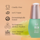 A green bottle of KEEP CALM Soothing Serum by IREN Shizen boasts features such as being cruelty-free, vegan, dermatologist tested, fragrance-free, alcohol-free, paraben-free, and formulated without over 2000 banned ingredients—perfect for sensitive skin. #show-lang-en