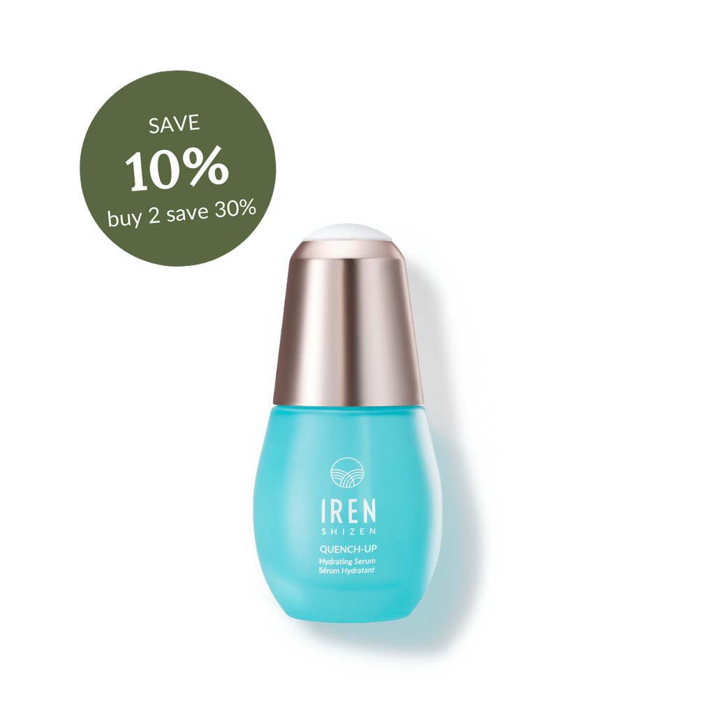 Product image of IREN Shizen's QUENCH-UP Hydrating Serum, enhanced with hyaluronic acid, in a blue bottle with a metallic cap, featuring a green discount sticker offering a 10%