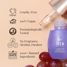 An open bottle of CLEARER DAYS Anti-Blemish Serum by IREN Shizen with a dropper. Infused with Niacinamide for effective acne treatment. Features: Cruelty-Free, 100% Vegan, Dermatologically Tested, No Fragrance, Alcohol, Paraben, and includes over 2000 banned ingredients. #show-lang-en