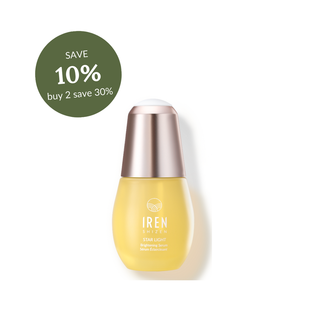Bottle of IREN Shizen STAR LIGHT Brightening Serum for hyperpigmentation with a green "save 10% buy 2 save 30%" label on top left.