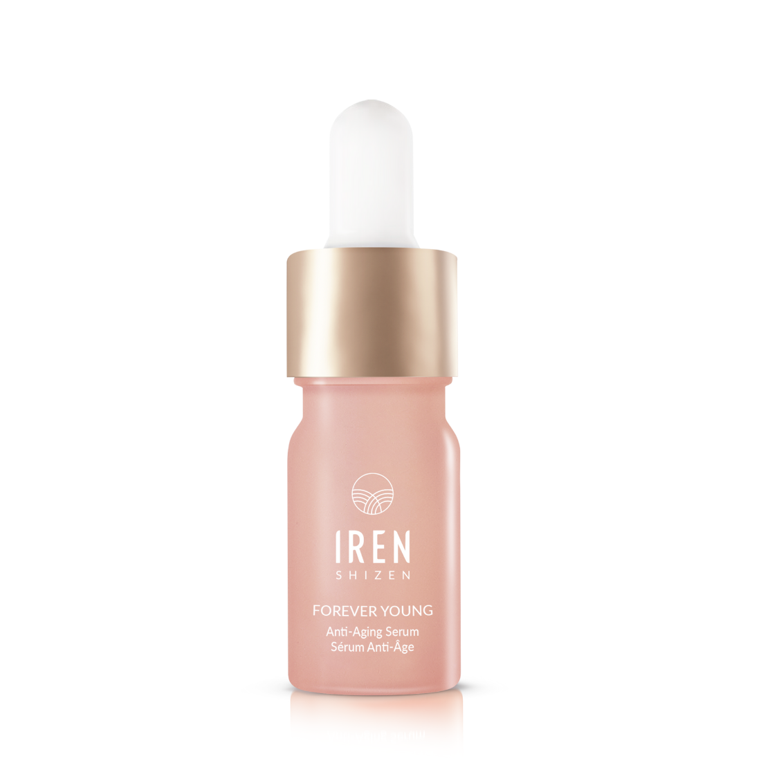A pink dropper bottle of IREN Shizen FOREVER YOUNG Anti-Aging Serum with a gold cap and white dropper, containing a peptide youth formula that supports collagen, shown against a white background.