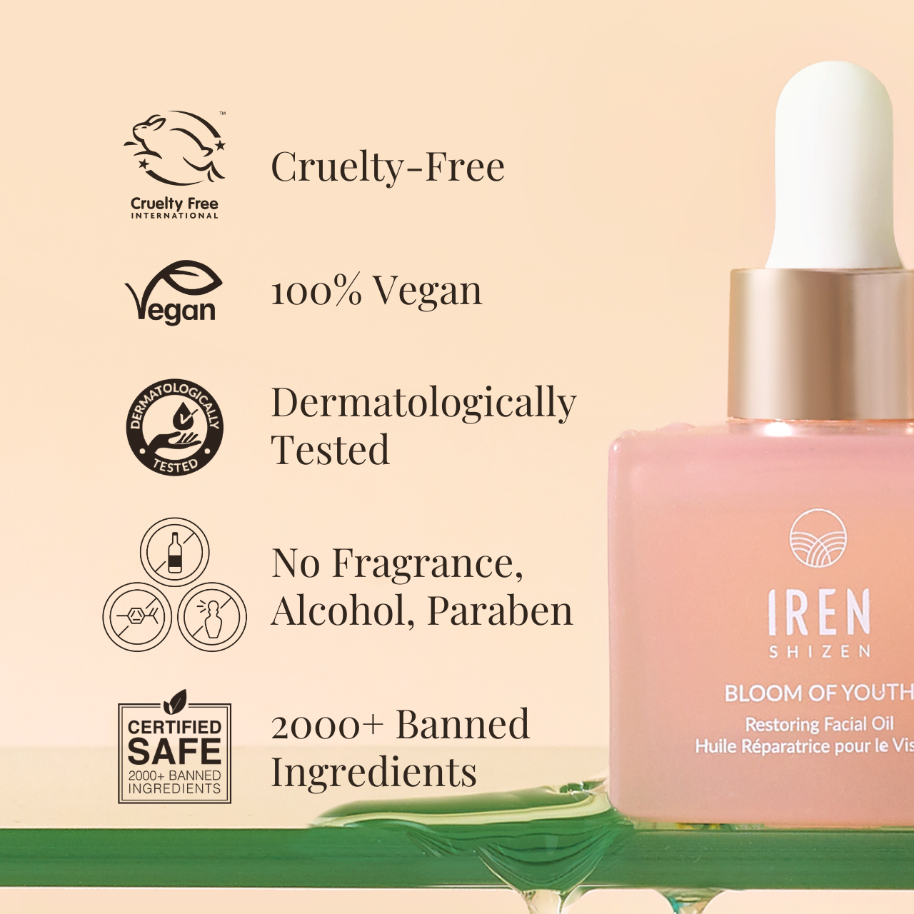 A bottle of BLOOM OF YOUTH Restoring Facial Oil by IREN Shizen, featuring lightweight oil with natural ingredients for skin renewal, is displayed with icons indicating that it is cruelty-free, vegan, dermatologically tested, fragrance-free, and contains over 2000 banned ingredients. all-groups #show-lang-en