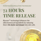 Text reads: "STAR LIGHT Brightening Serum by IREN Shizen uses Biyusen technology for 72-hour time release, delivering ingredients 10x faster and deeper to target dark spots and hyperpigmentation." Gold serum capsules shown in background. #show-lang-en