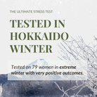 Text reads: “Tested in Hokkaido Winter. IREN Shizen's FREEZE THE YOUTH Hydra Firming Cream was tested on 79 women in harsh winter conditions with very positive results.” Background shows snow-covered trees and a mountain.