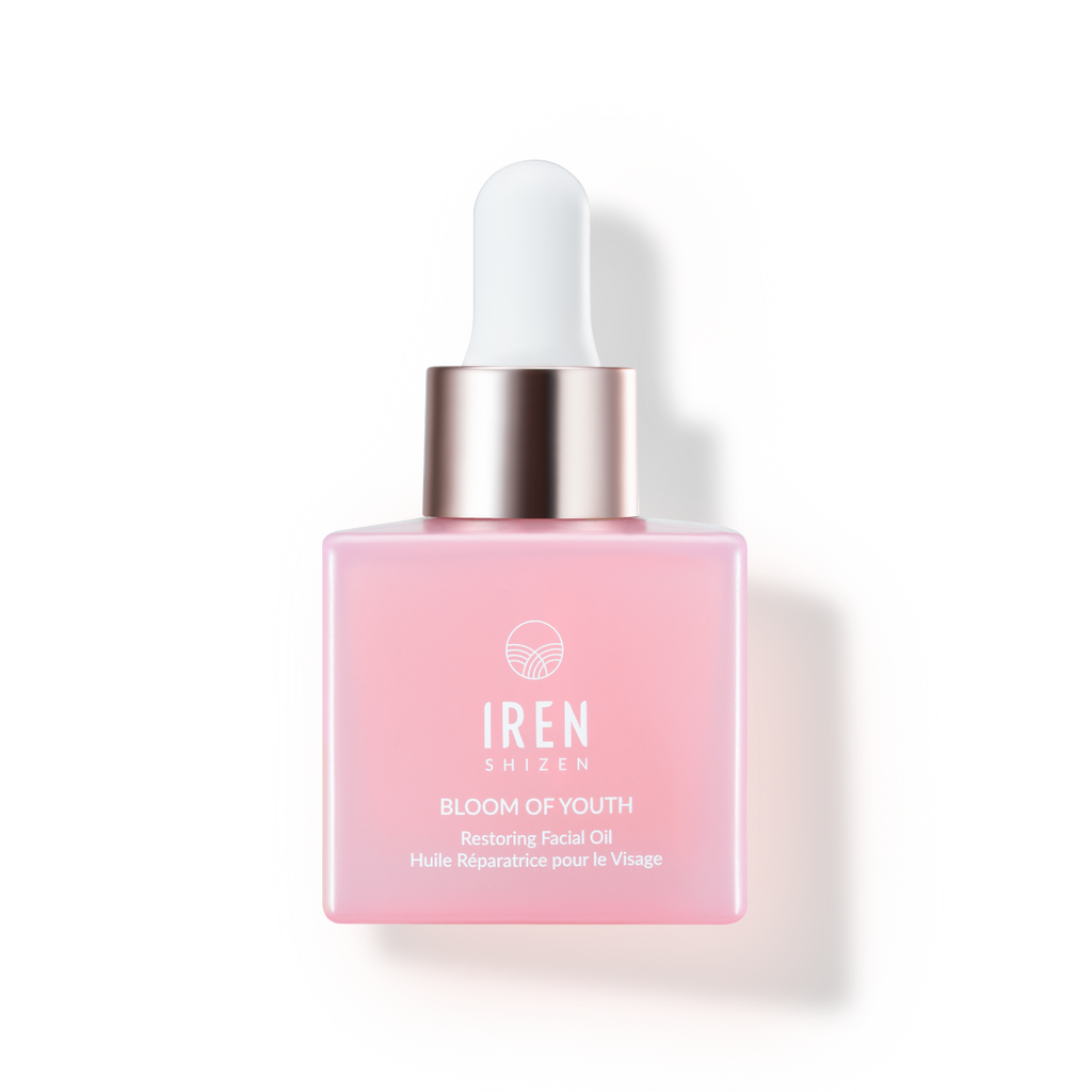 A bottle of IREN Shizen BLOOM OF YOUTH Restoring Facial Oil.
