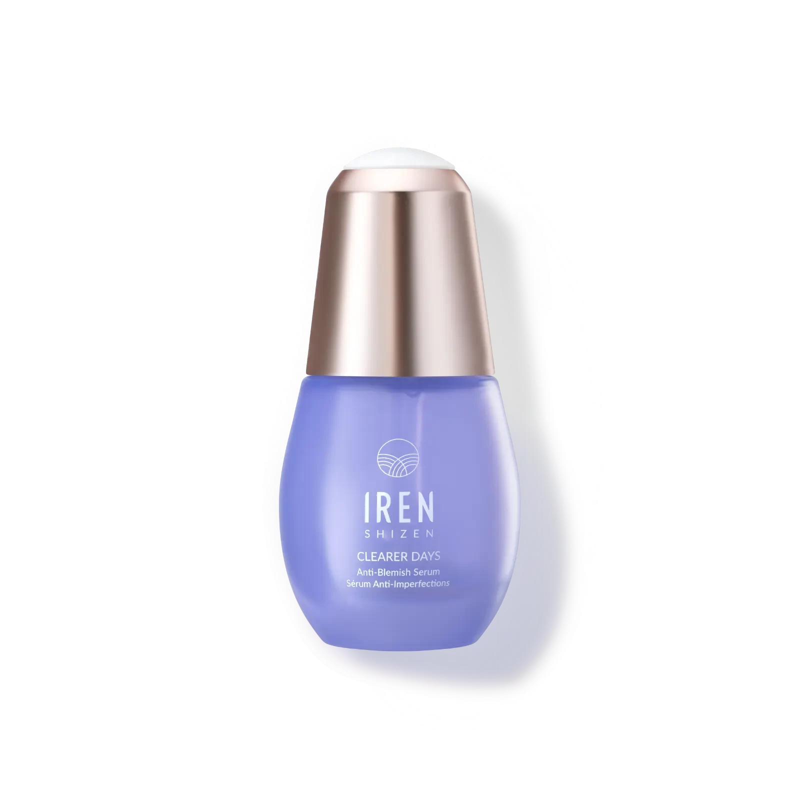 A bottle of customised CLEARER DAYS Anti-Blemish Serum by IREN Shizen, a Japanese skincare brand, on a white background.