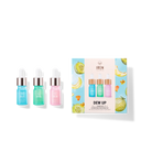 A Japanese skincare discovery kit featuring DEW UP Hydrating serum and a customized fruit bottle from IREN Shizen.