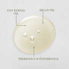 A drop of IREN Shizen’s DROP OF DEW Moisturizing Facial Oil, enriched with oat kernel and argan oils, showcases its multi-benefit formula with prebiotics and postbiotics, highlighted on a light background.