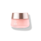 Rose-tinted cosmetic jar with metallic lid labeled "IREN Shizen FLOWERS IN BLOOM Antioxidant Water Cream" on a white background.