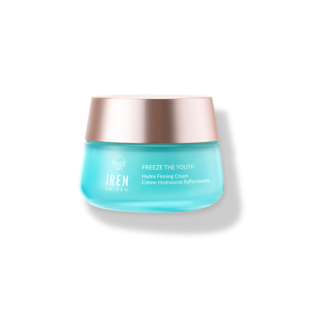 A jar of IREN Shizen™ FREEZE THE YOUTH Hydra Firming Cream age-defying formula against a white background.
