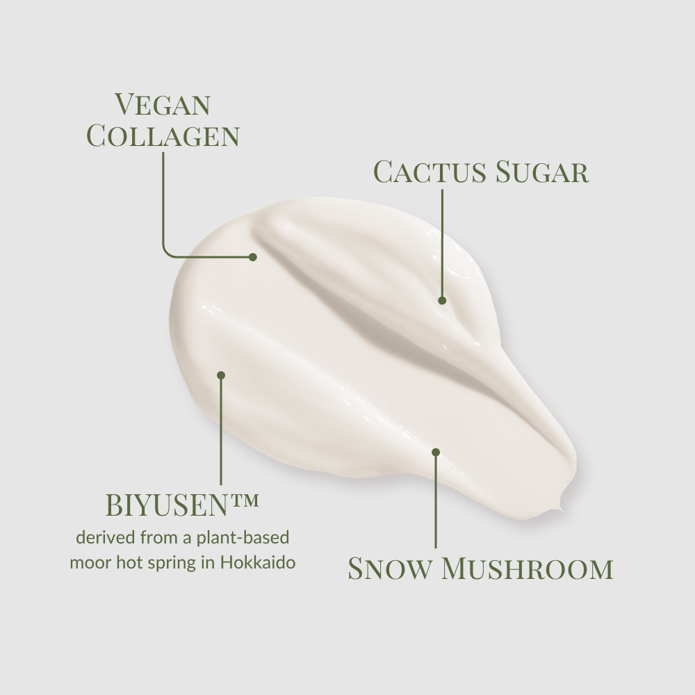 FREEZE THE YOUTH Hydra Firming Cream by IREN Shizen—creamy white vegan formula with age-defying BIYUSEN™ (Hokkaido hot spring), cactus sugar, and snow mushroom—your essential overnight hydrating cream.