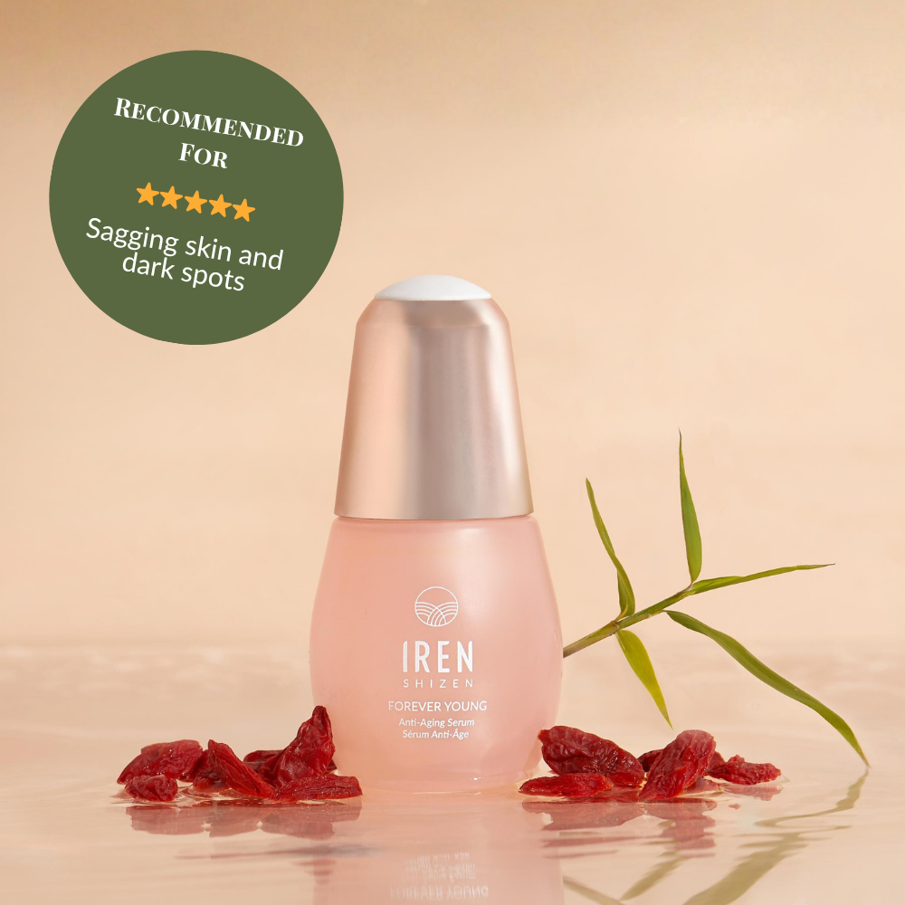 A bottle of IREN Shizen FOREVER YOUNG Anti-Aging Serum is shown with dried red berries and a green twig, plus a badge recommending it for sagging skin and dark spots.