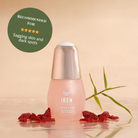 A bottle of IREN Shizen FOREVER YOUNG Anti-Aging Serum is shown with dried red berries and a green twig, plus a badge recommending it for sagging skin and dark spots.