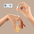 A hand applies GLOW-GETTER Renewal Serum from IREN Shizen onto the back of another hand using a dropper; a small bottle labeled “IREN” sits below with a beauty awards badge. Ideal for those seeking to exfoliate and renew their skin's natural glow.