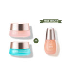 MOISTURE SANDWICH Skincare Kit by IREN Shizen, featuring two jars of Hydra Firming Cream and one bottle of face serum with a "Free Serum" label on the image.