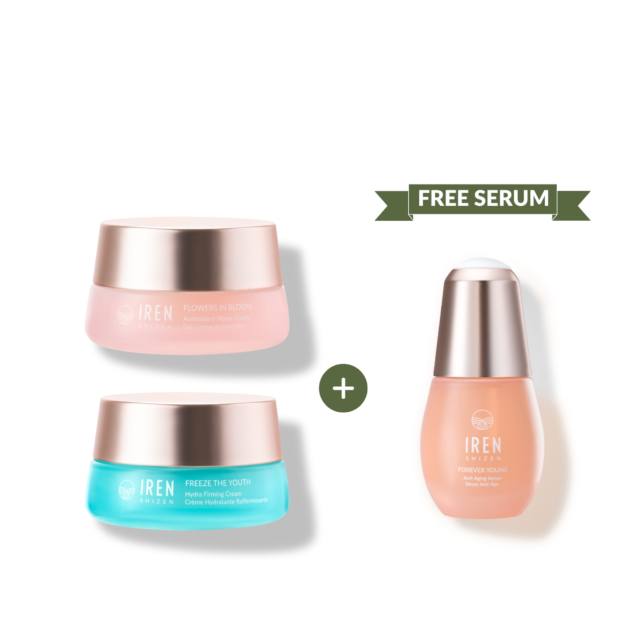 The MOISTURE SANDWICH Skincare Kit by IREN Shizen features two colorful jars and a pink "FREE SERUM" bottle on a white background—ideal for boosting hydration and enhancing serum absorption.
