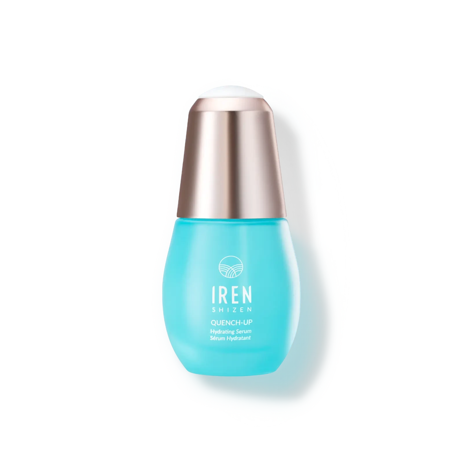 A bottle of QUENCH-UP Hydrating Serum by IREN Shizen, a customised Japanese skincare product, on a white background. 