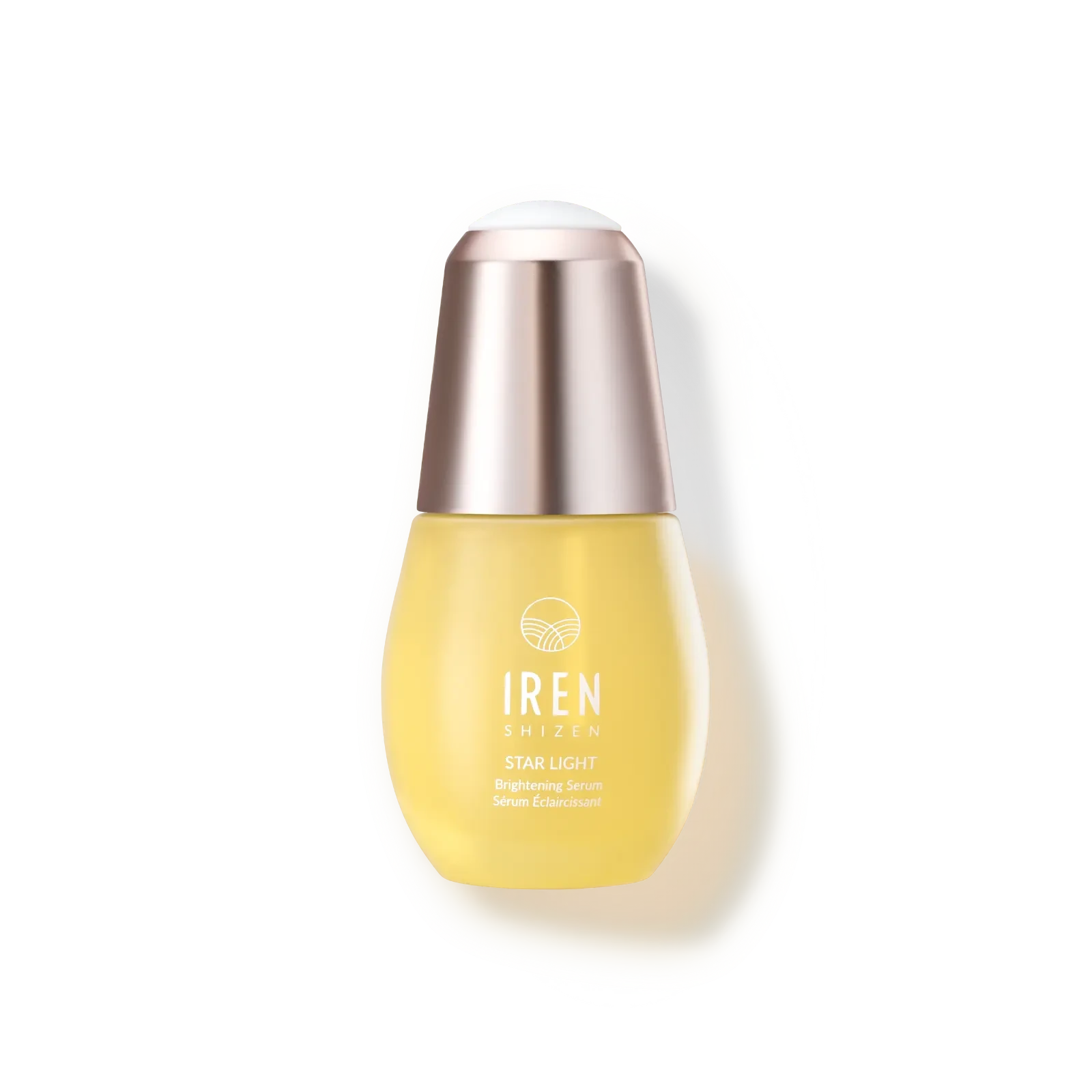 A bottle of customised Japanese skincare serum, STAR LIGHT Brightening Serum by IREN Shizen, on a white background.