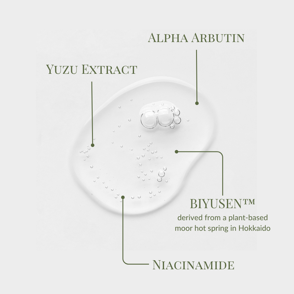 Clear gel with bubbles, STAR LIGHT Brightening Serum by IREN Shizen features Yuzu Extract, Alpha Arbutin, BIYUSEN™ (from Hokkaido hot spring), and Niacinamide—your brightening solution for dark spots and hyperpigmentation. #show-lang-en