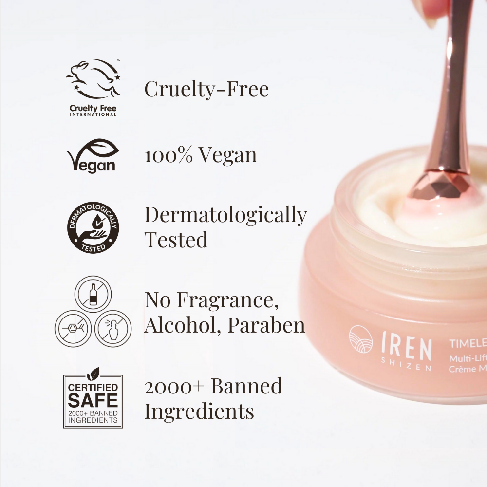 Close-up of the TIMELESS ELIXIR Multi-Lift Eye and Lip Cream by IREN Shizen, showcasing its features: cruelty-free, 100% vegan, dermatologically tested, free from fragrance, alcohol and parabens, with over 2000 banned ingredients. Enriched with Bakuchiol for eye area rejuvenation and anti-aging benefits.