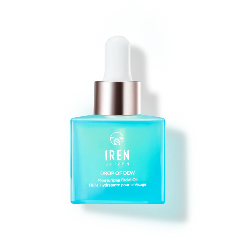 A bottle of customised skincare, DROP OF DEW Moisturizing Facial Oil by IREN Shizen.