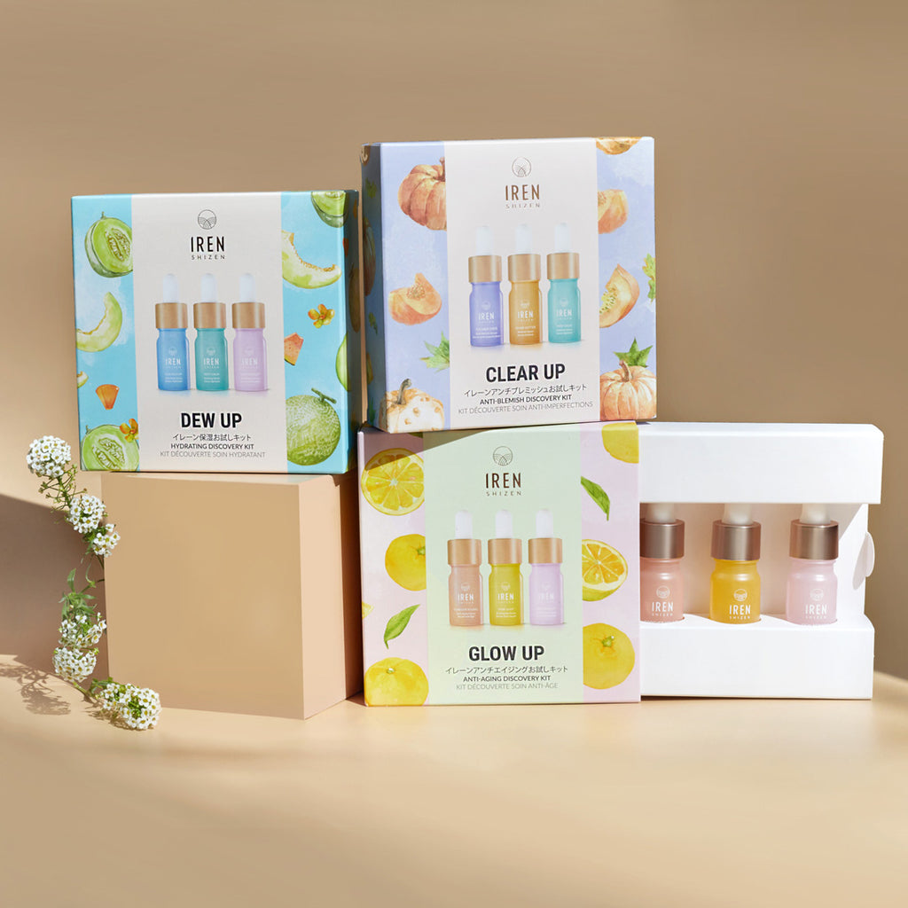 Three boxes with customised DEW UP Hydrating Discovery Kits by IREN Shizen, featuring Japanese skincare.