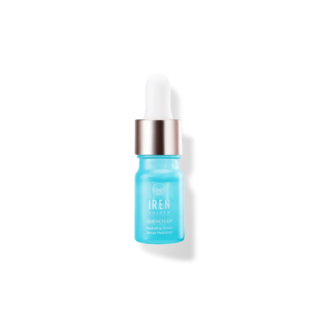 A QUENCH-UP Hydrating Serum from IREN Shizen, with a blue bottle and a white lid, on a black background.